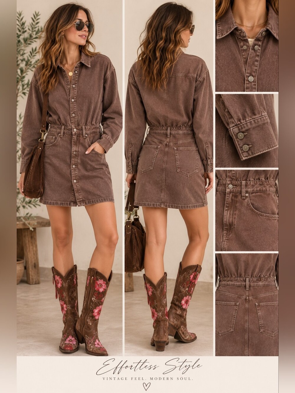 🦄 Baykan Denim Chocolate Brown Utility Dress Long Sleeve Mini